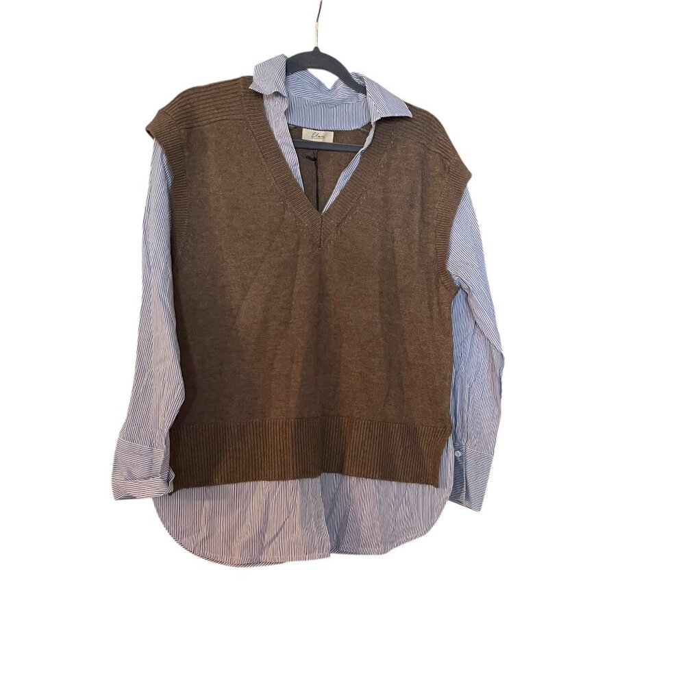 NWT Oatmeal Andrea Elan Collared Layered Sweater Womens Size Small Brown